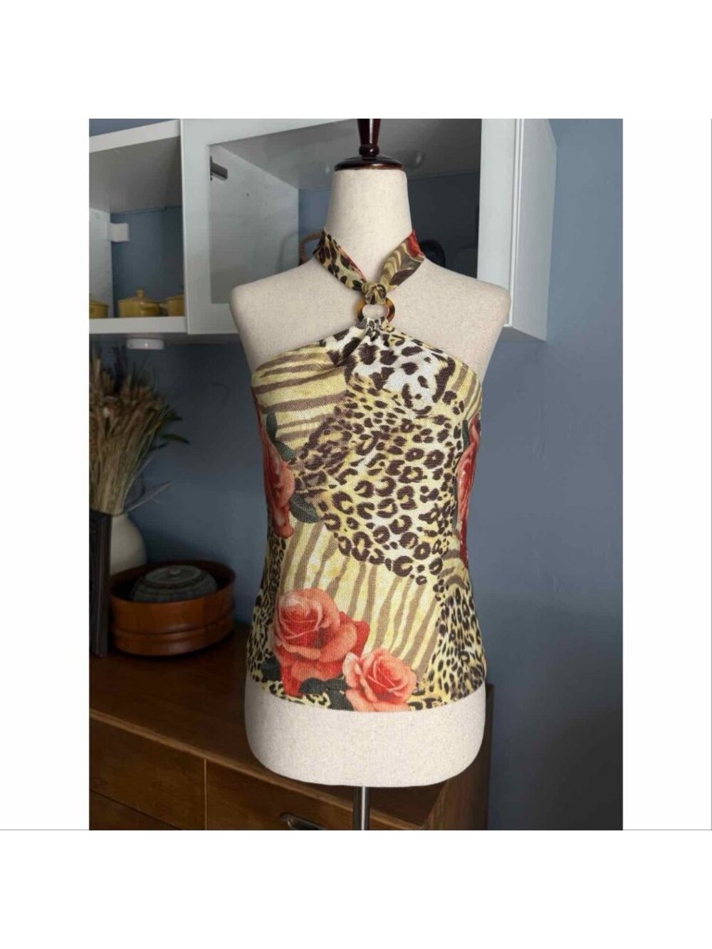 St. John Sport Vtg Y2K Floral Leopard Halter Top Size S Shelf Bra